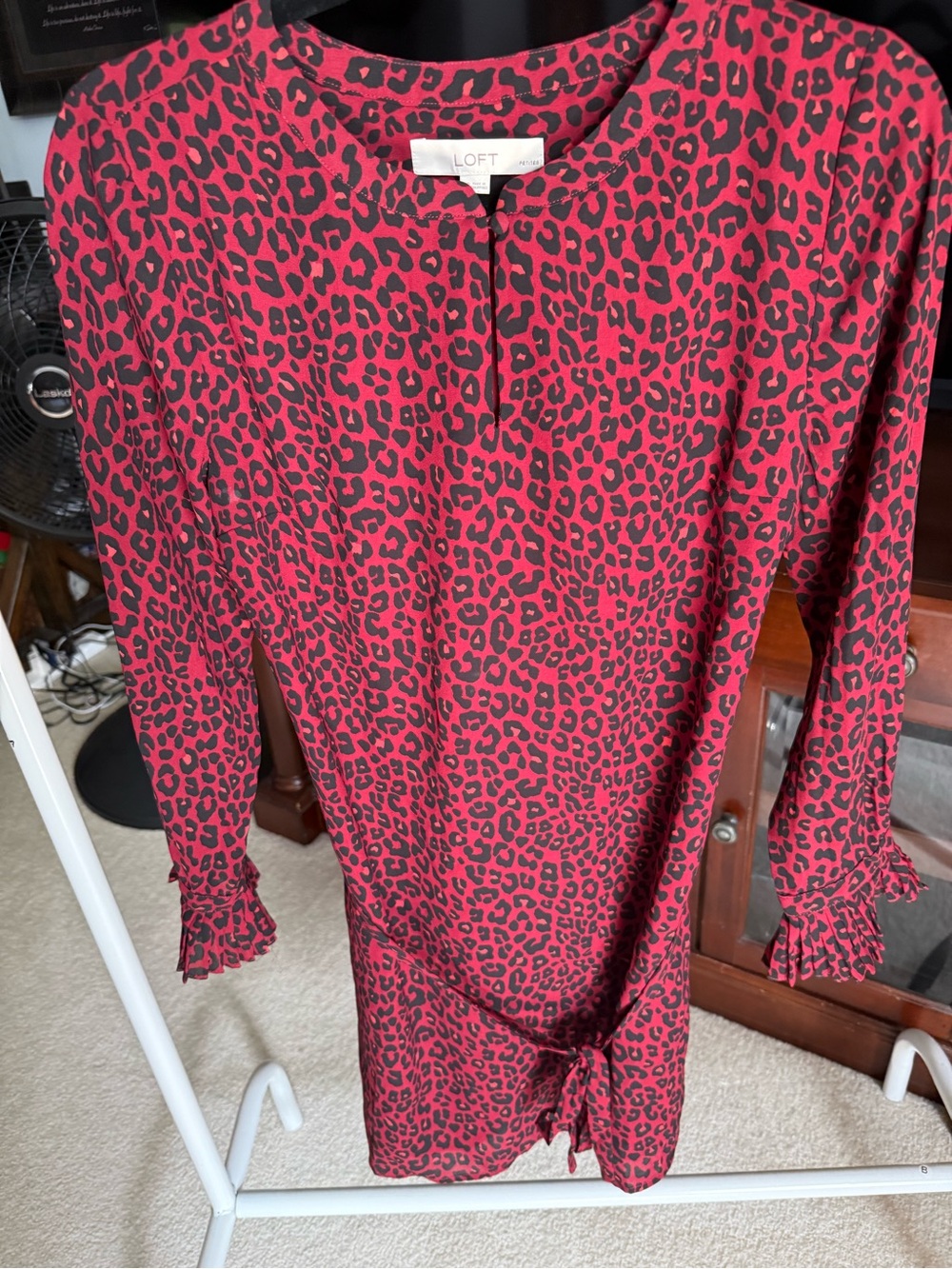 LOFT Red and Black Leopard-Print Long Sleeve Shift Dress
